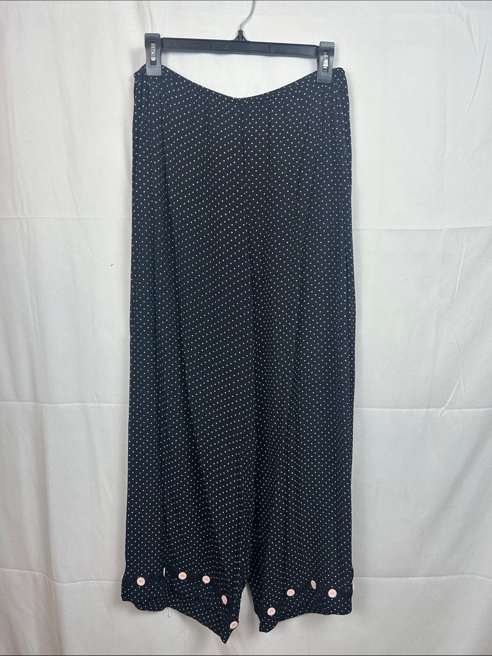 Women’s Black Wide Leg Pants with Pink Polka Dots & Button Embellishments